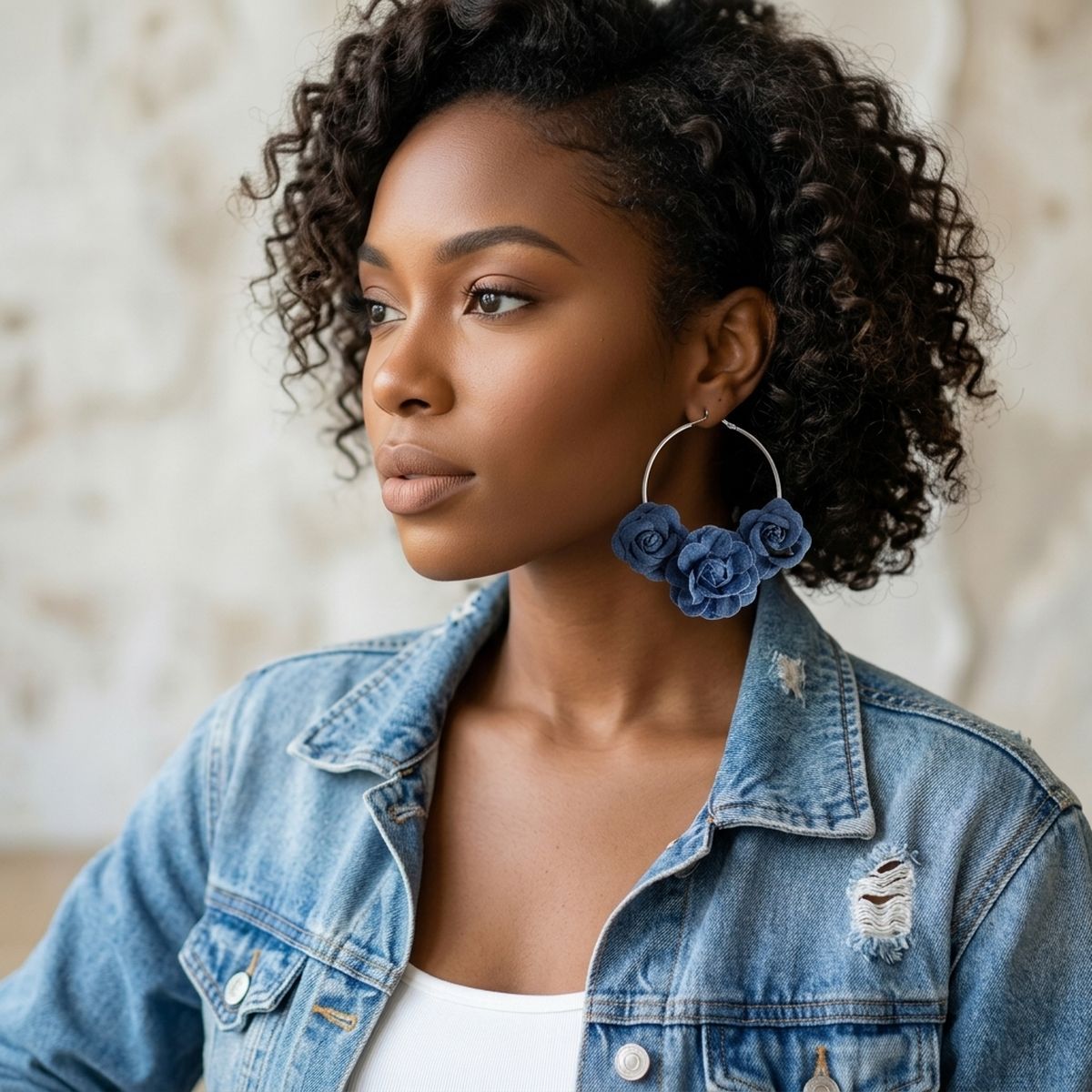 Hoop Denim Jean Triple Rose Flower Silver Earrings - Mahalina