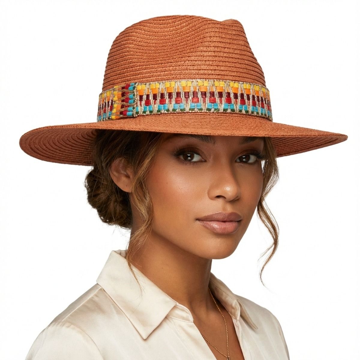 Rust Aztec Band Fedora Panama Hat