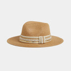 Camel Pearl Embellished Fedora Panama Hat