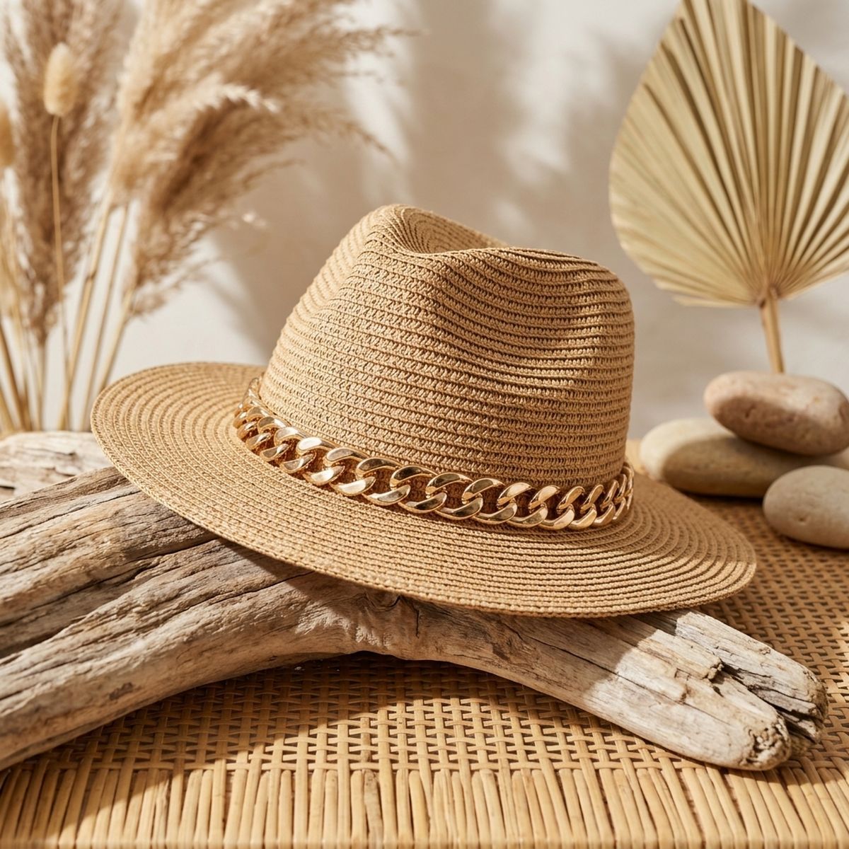 Camel Chain Band Fedora Panama Hat
