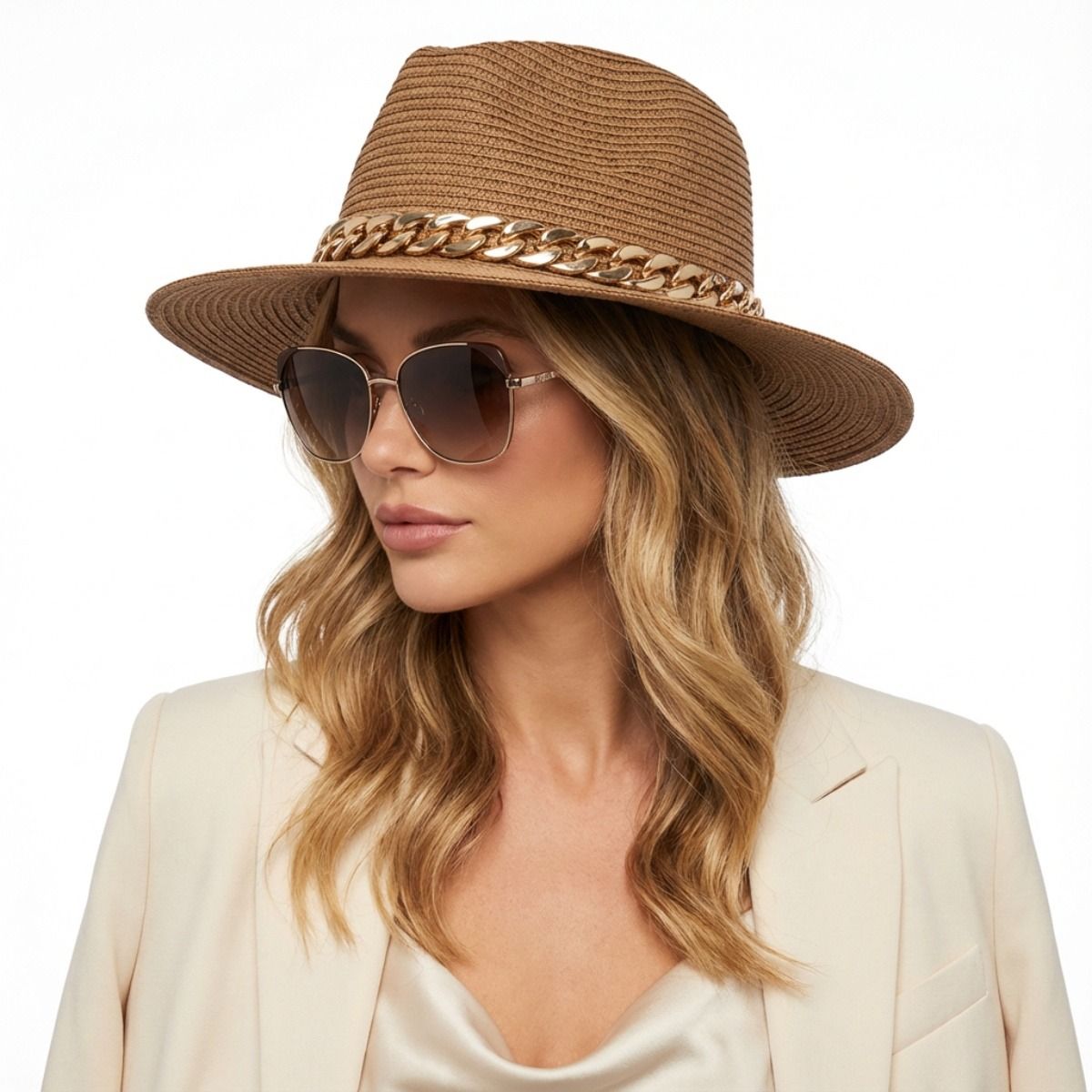 Camel Chain Band Fedora Panama Hat