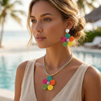 Multicolor Daisy Flower Raffia Pendant Necklace Set - Mahalina