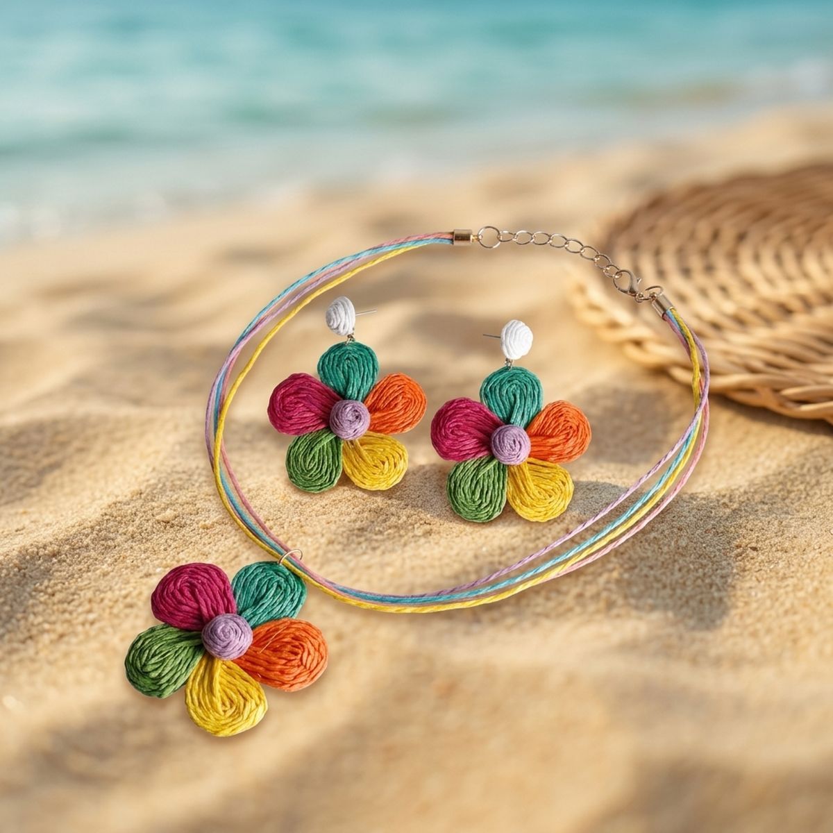 Multicolor Daisy Flower Raffia Pendant Necklace Set - Mahalina