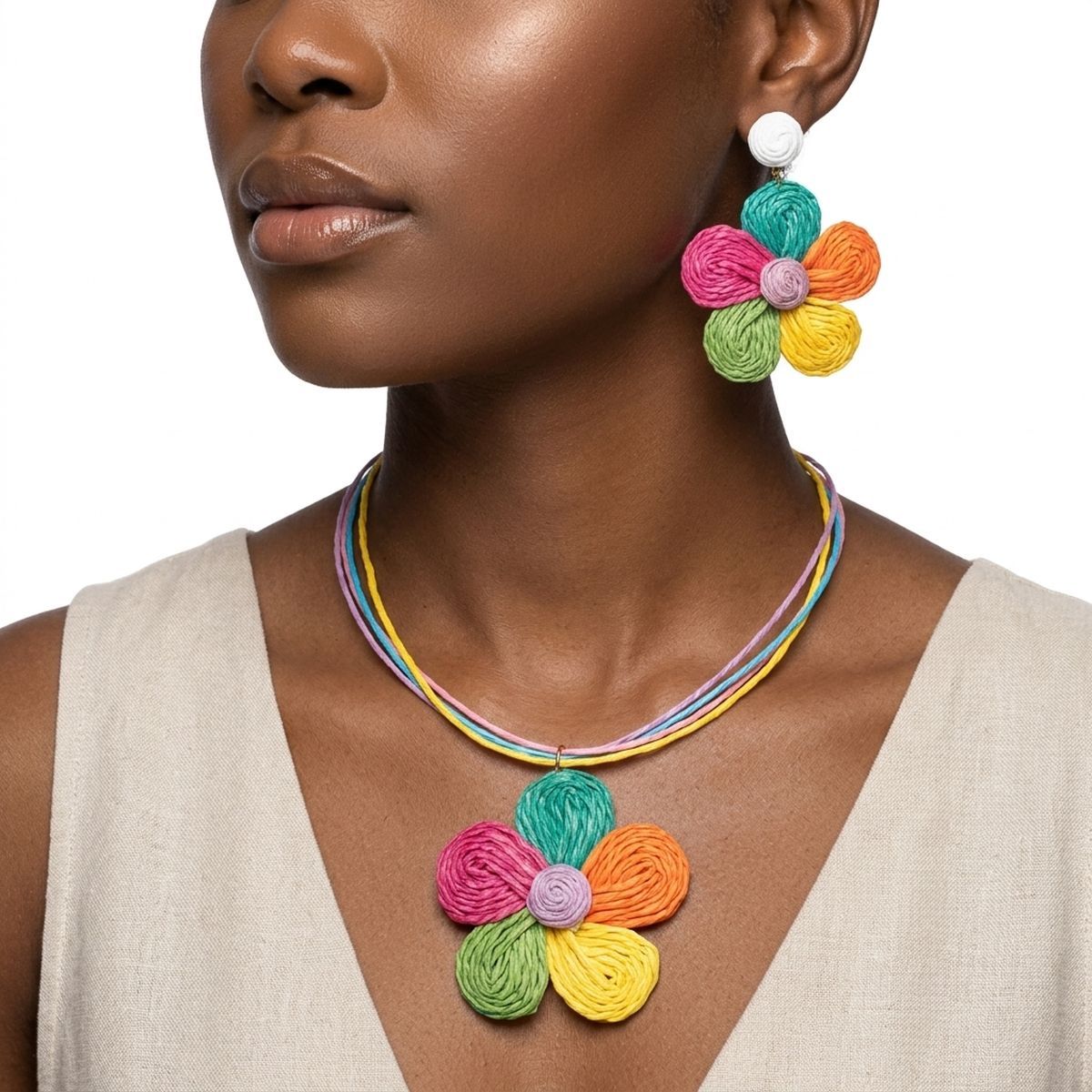Multicolor Daisy Flower Raffia Pendant Necklace Set - Mahalina