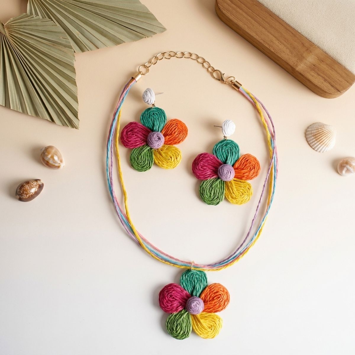 Multicolor Daisy Flower Raffia Pendant Necklace Set - Mahalina