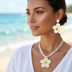 Ivory Daisy Flower Raffia Pendant Necklace Set - Mahalina