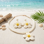 Ivory Daisy Flower Raffia Pendant Necklace Set - Mahalina
