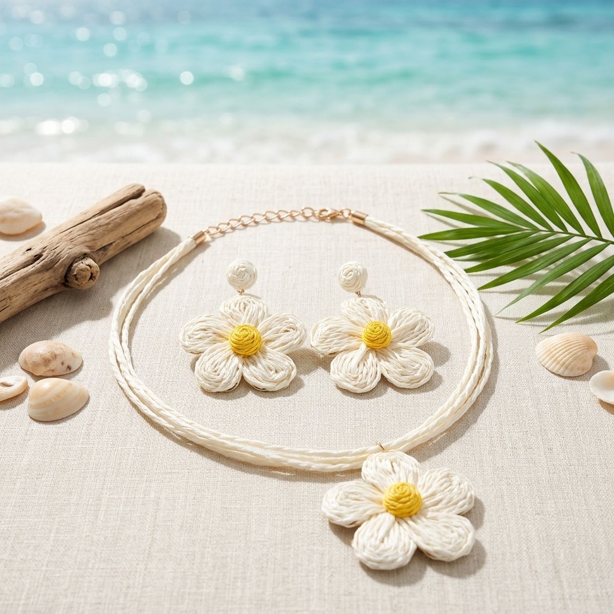 Ivory Daisy Flower Raffia Pendant Necklace Set - Mahalina