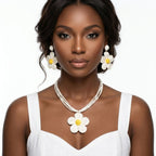 Ivory Daisy Flower Raffia Pendant Necklace Set - Mahalina
