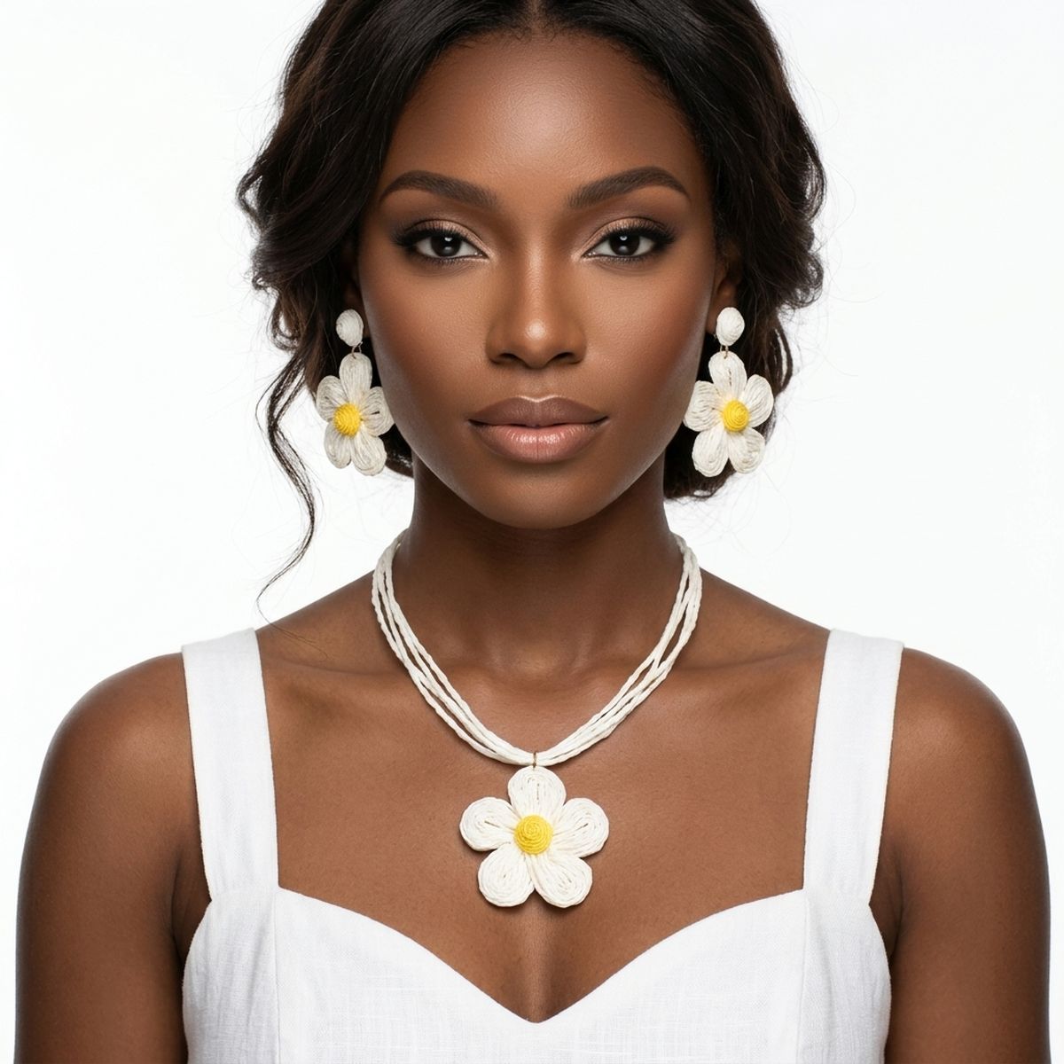 Ivory Daisy Flower Raffia Pendant Necklace Set - Mahalina