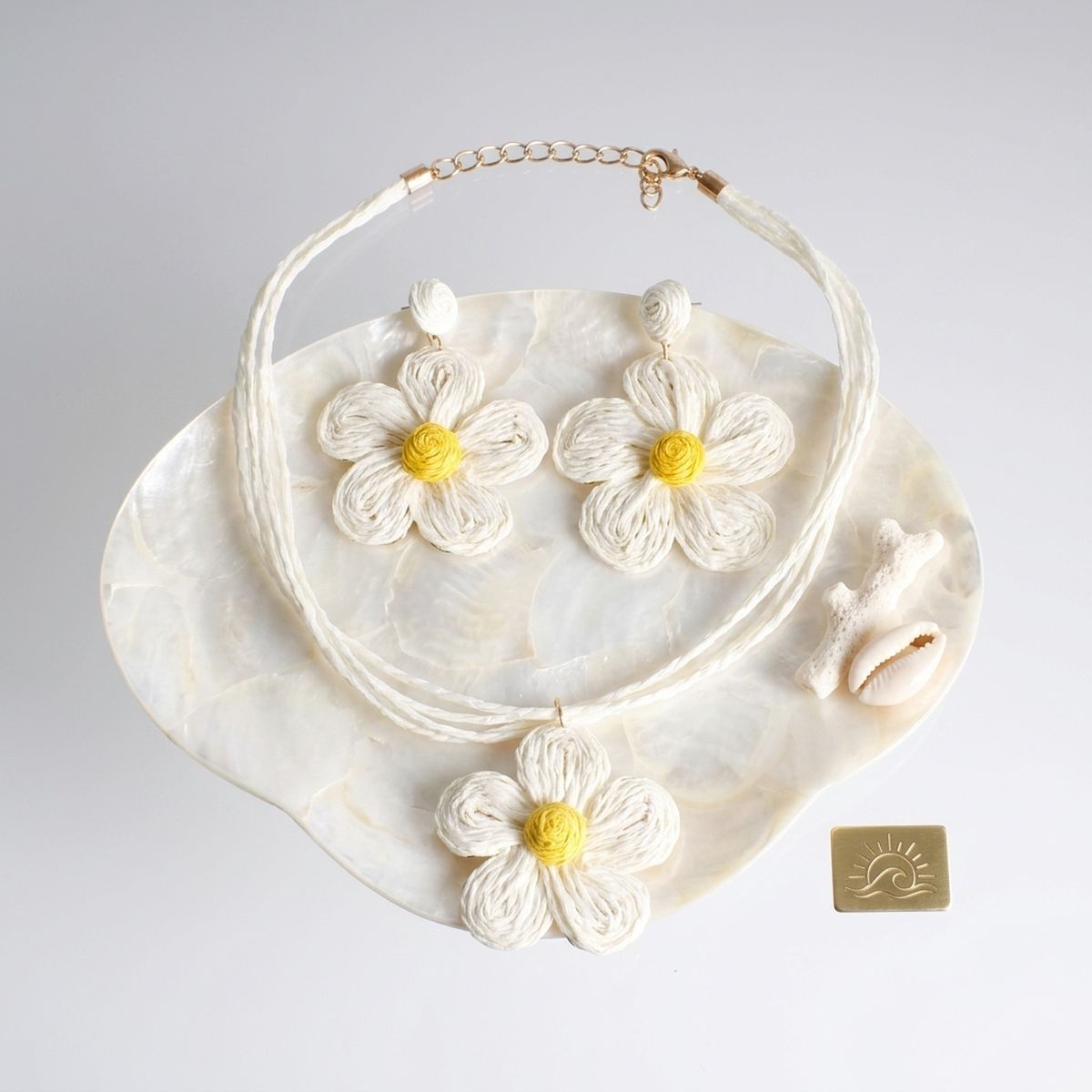 Ivory Daisy Flower Raffia Pendant Necklace Set - Mahalina