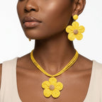 Yellow Daisy Flower Raffia Pendant Necklace Set