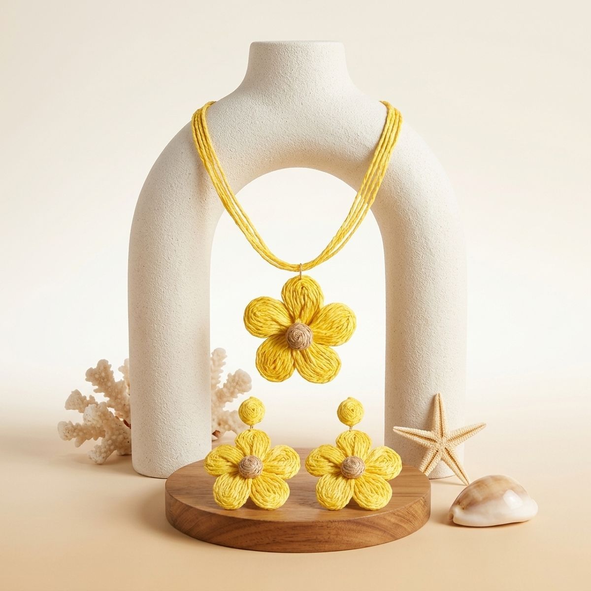 Yellow Daisy Flower Raffia Pendant Necklace Set