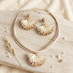 Creamy Browns Fanned Raffia Pendant Necklace Set - Mahalina