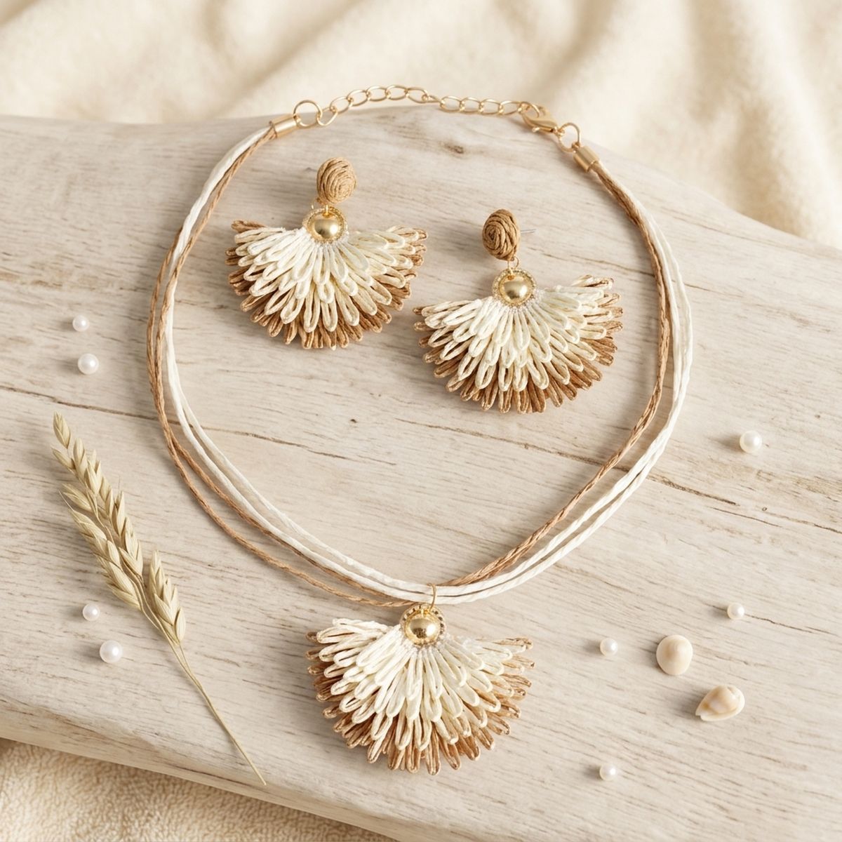 Creamy Browns Fanned Raffia Pendant Necklace Set - Mahalina