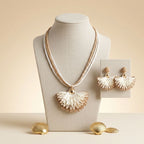 Creamy Browns Fanned Raffia Pendant Necklace Set - Mahalina