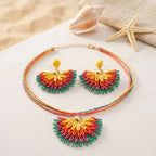 Multicolor Fanned Raffia Pendant Necklace Set