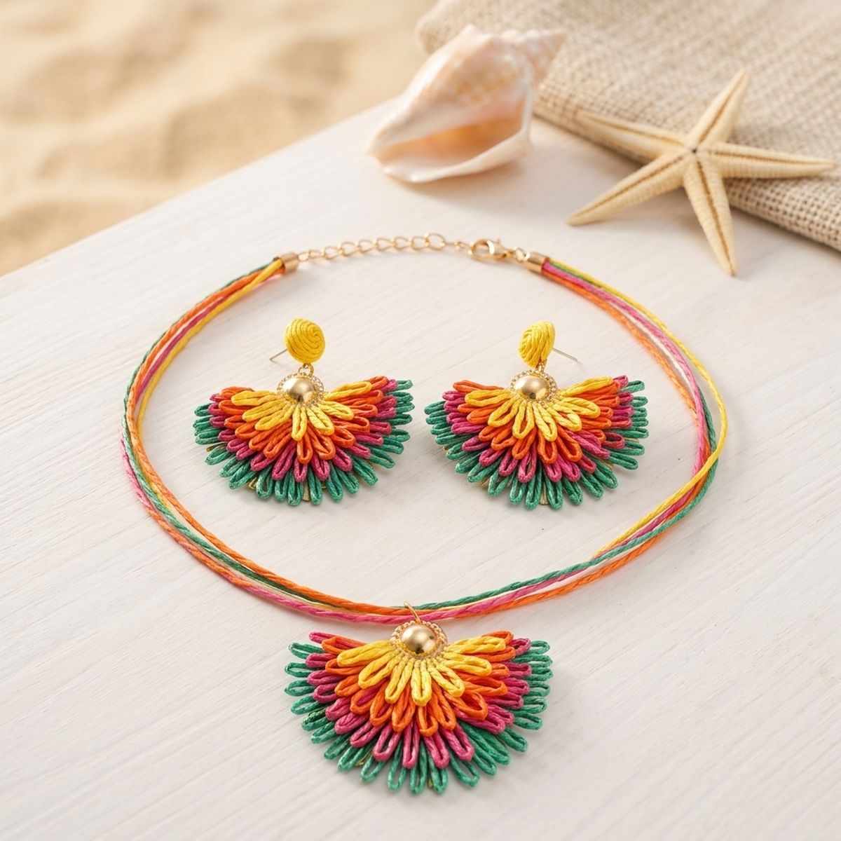 Multicolor Fanned Raffia Pendant Necklace Set
