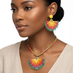 Multicolor Fanned Raffia Pendant Necklace Set