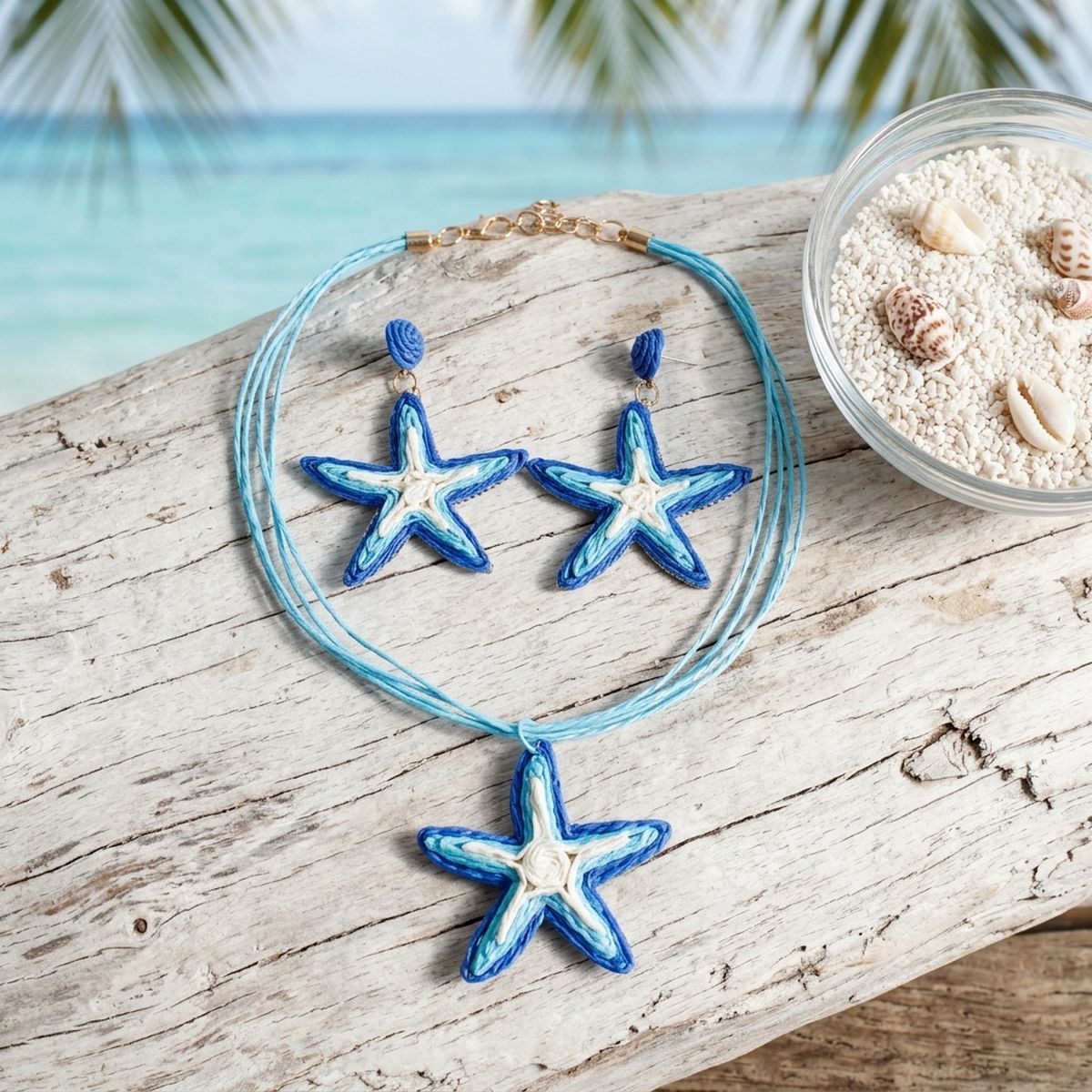 Aqua Blue Starfish Raffia Pendant Necklace Set - Mahalina