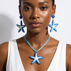 Aqua Blue Starfish Raffia Pendant Necklace Set - Mahalina