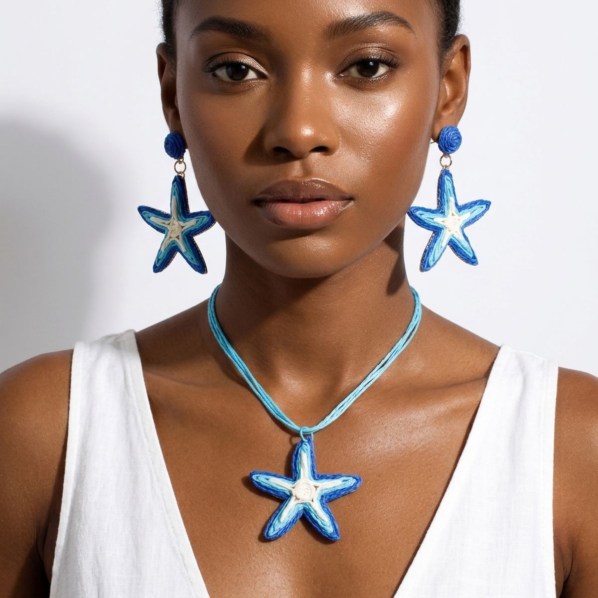Aqua Blue Starfish Raffia Pendant Necklace Set - Mahalina
