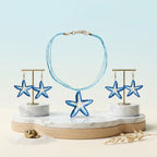 Aqua Blue Starfish Raffia Pendant Necklace Set - Mahalina
