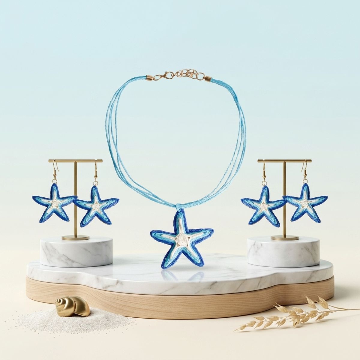 Aqua Blue Starfish Raffia Pendant Necklace Set - Mahalina