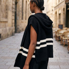 Black Hooded Knit Tied Shoulder Sweater - Mahalina