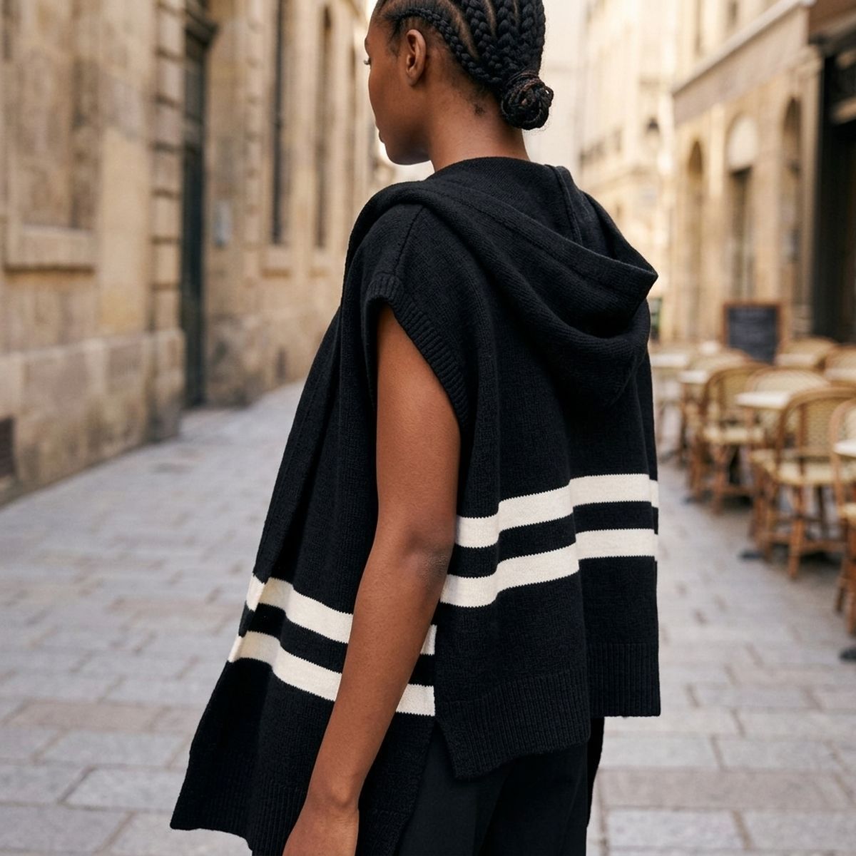 Black Hooded Knit Tied Shoulder Sweater - Mahalina