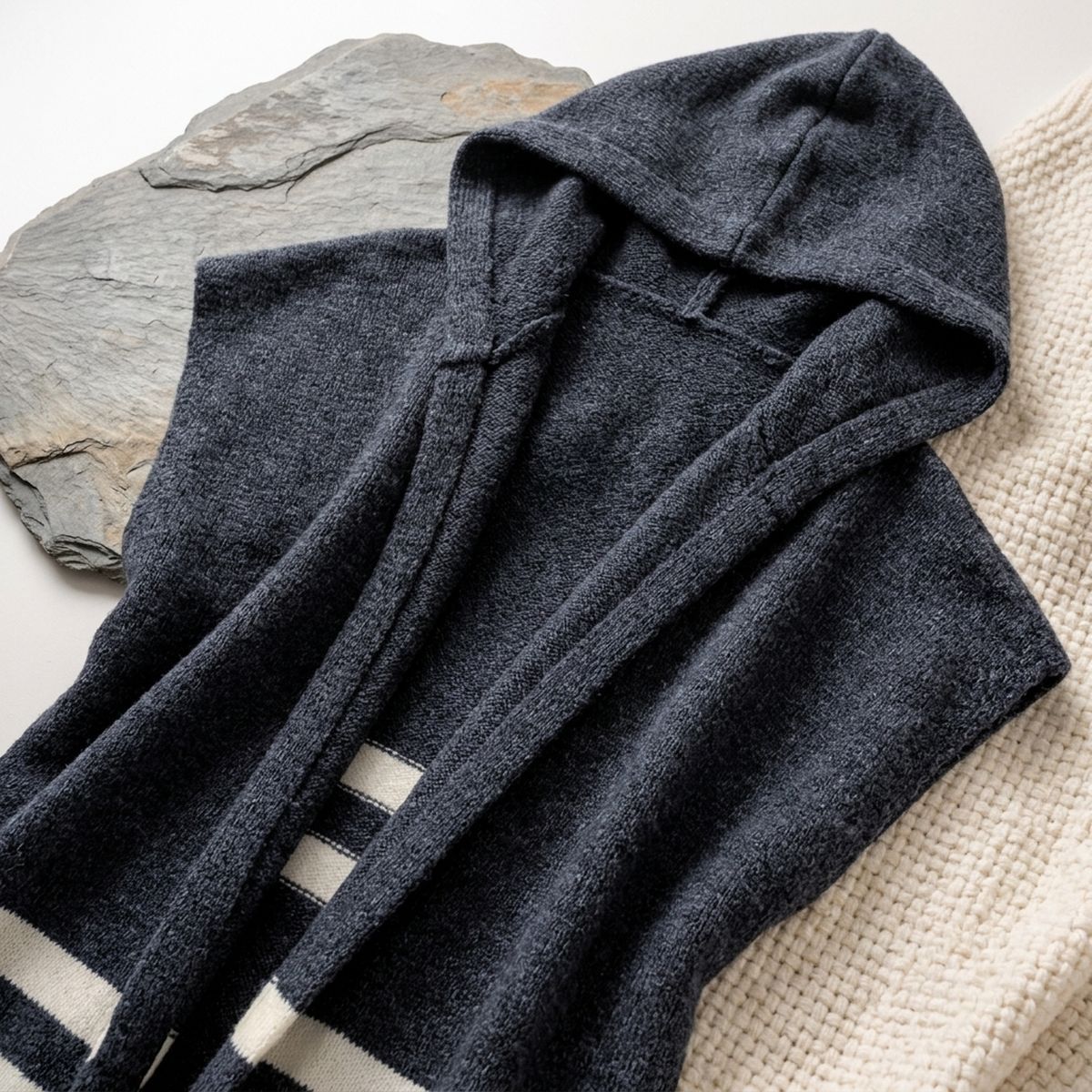 Blue Hooded Knit Tied Shoulder Sweater