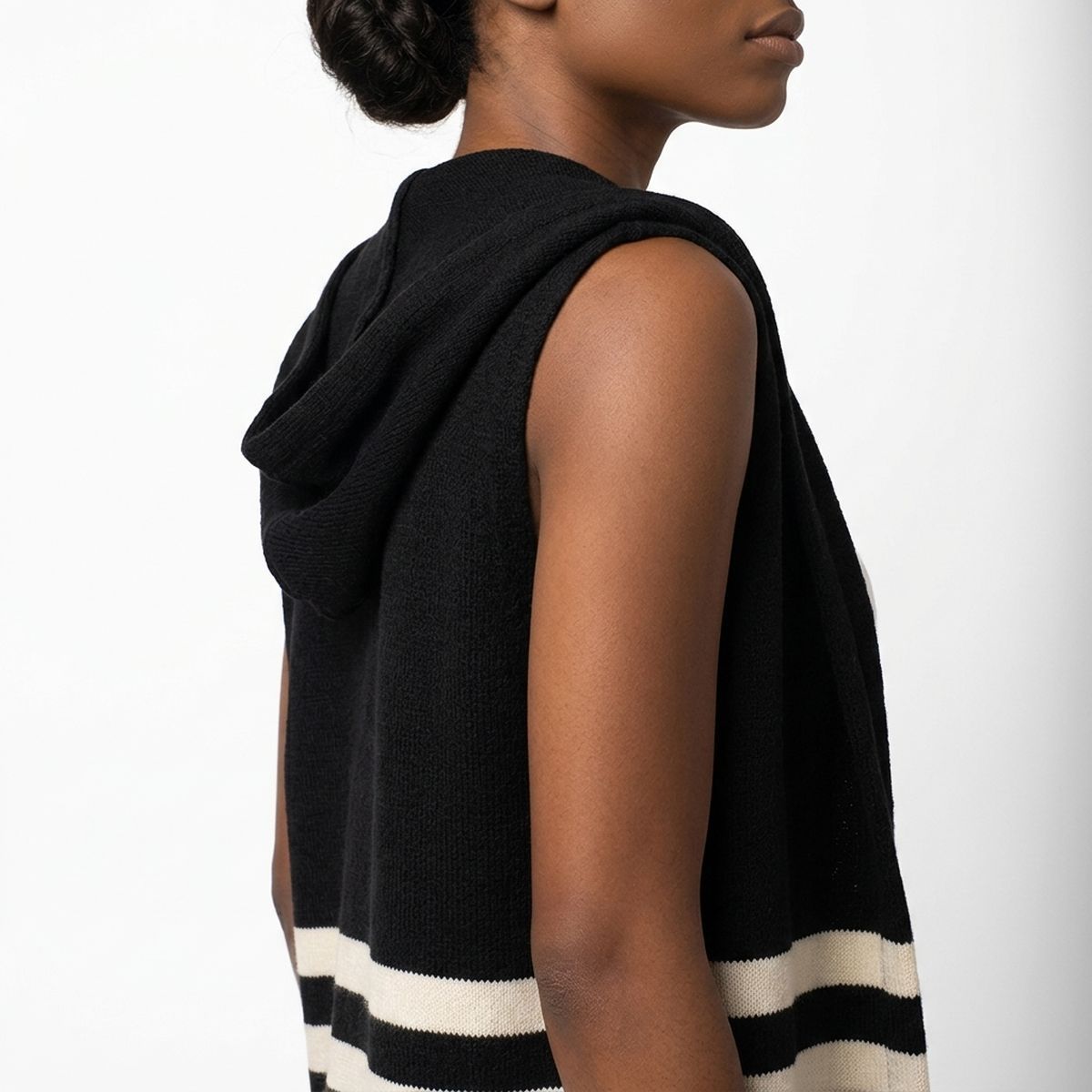 Black Hooded Knit Tied Shoulder Sweater - Mahalina
