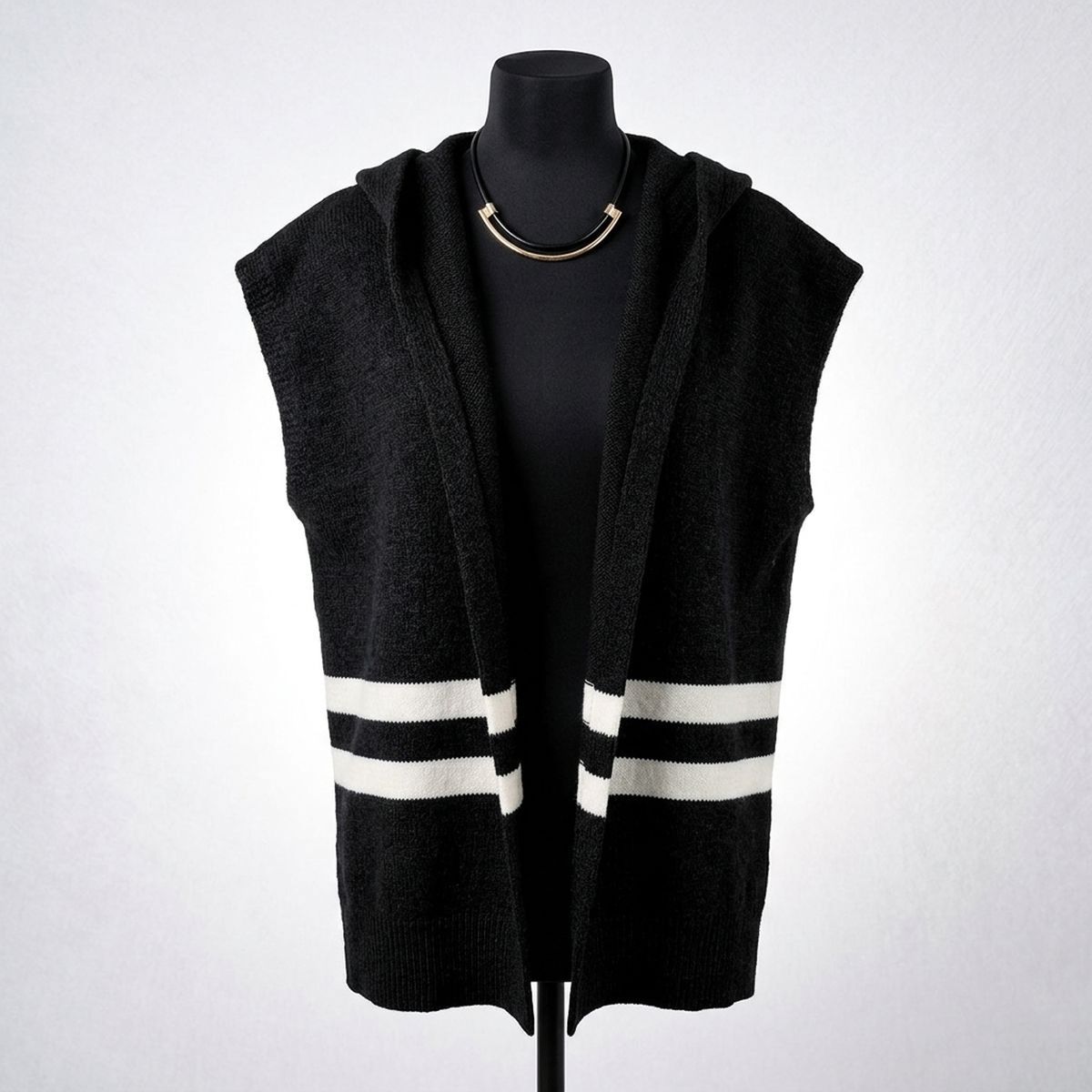 Black Hooded Knit Tied Shoulder Sweater - Mahalina