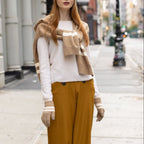 Camel Hooded Knit Tied Shoulder Sweater - Mahalina