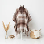 Poly Brown Plaid Long Zip Fringe Poncho for Women