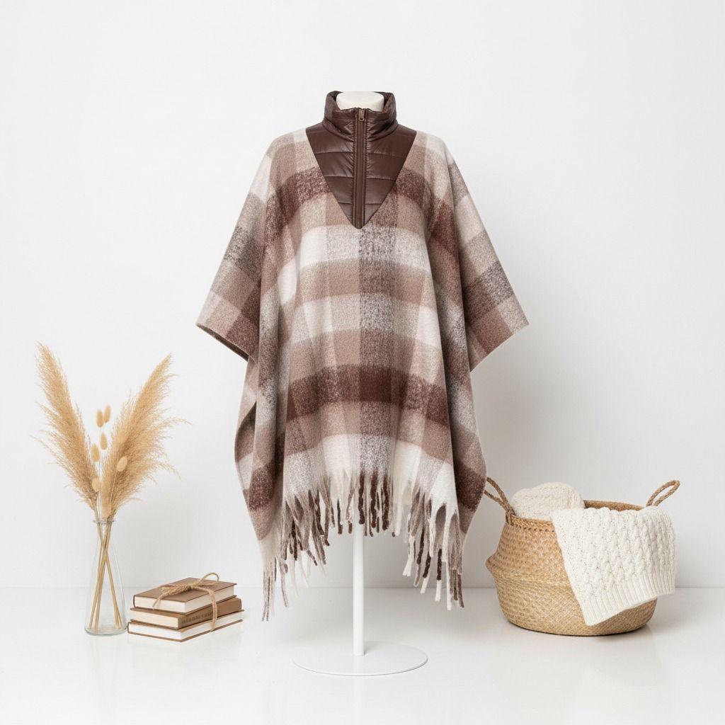 Poly Brown Plaid Long Zip Fringe Poncho for Women