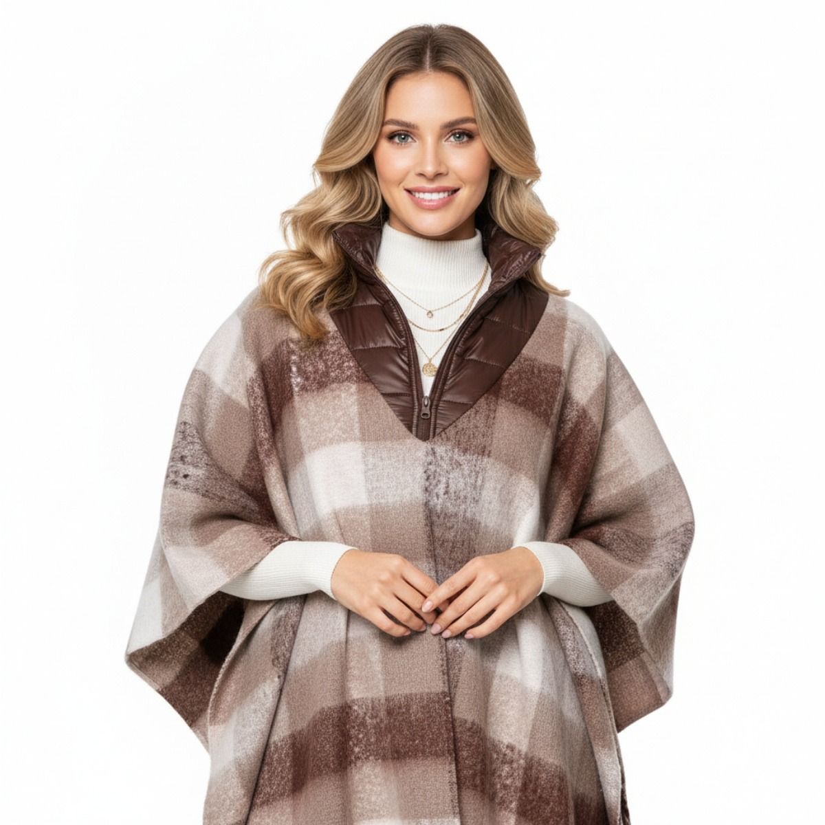 Poly Brown Plaid Long Zip Fringe Poncho for Women