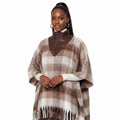 Poly Brown Plaid Long Zip Fringe Poncho for Women