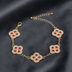 Red Encrusted Quatrefoil 5 Motif Chain Bracelet