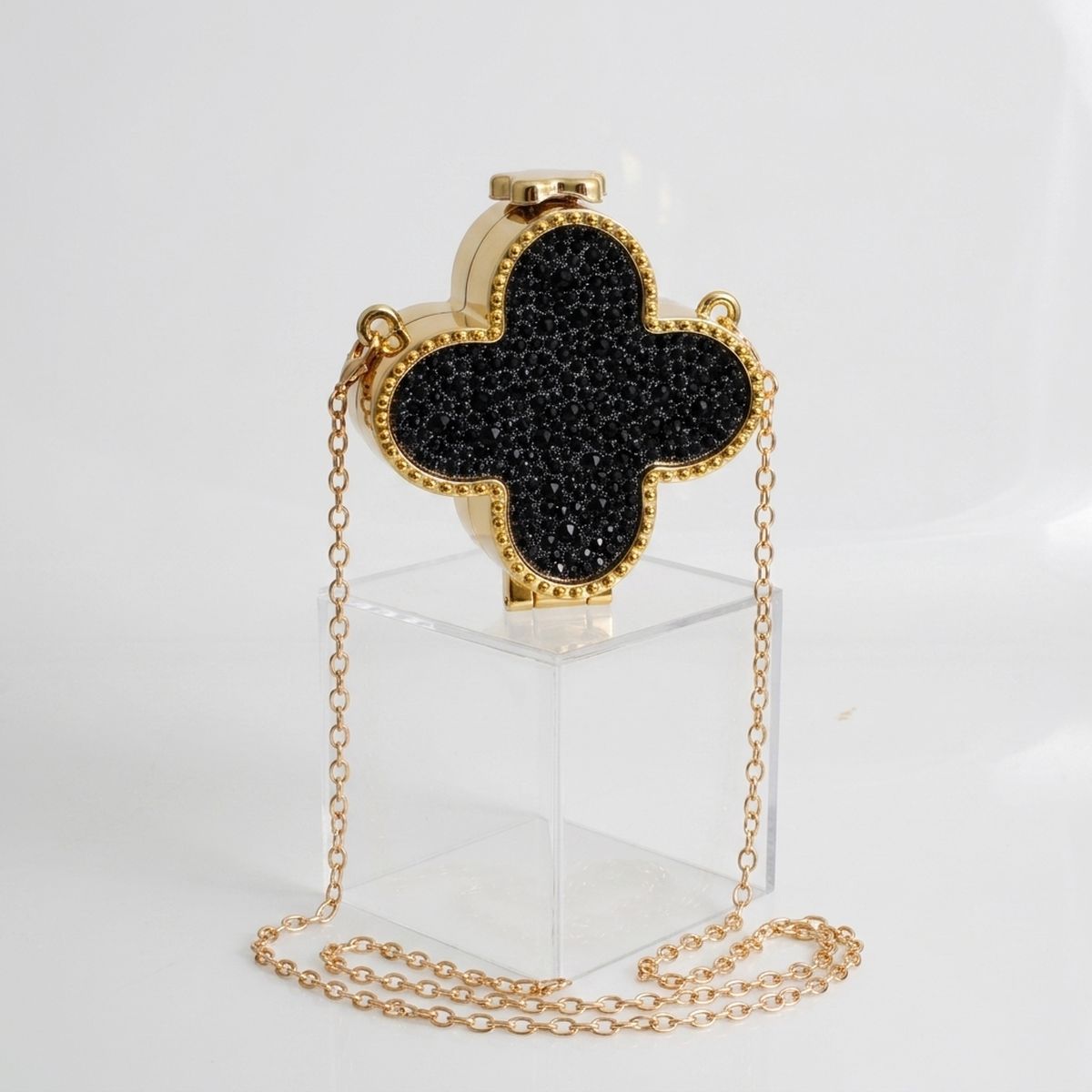 Mini Black Quatrefoil Sparkle Crossbody Compact