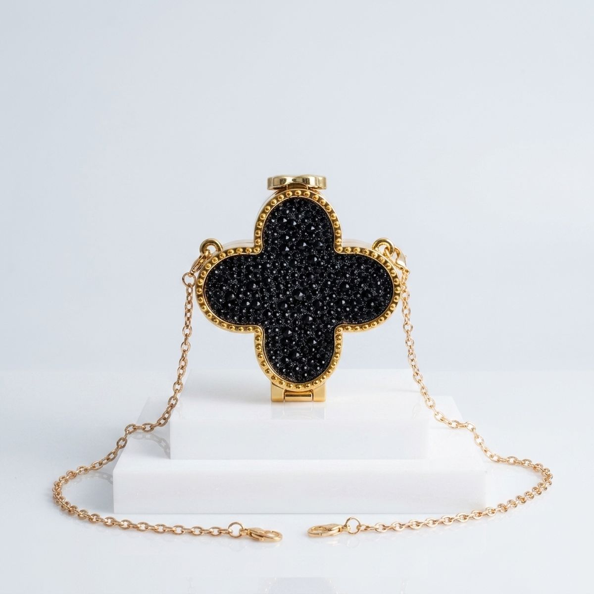 Mini Black Quatrefoil Sparkle Crossbody Compact