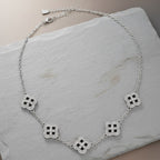 Black Encrusted Quatrefoil Motif Silver Necklace
