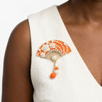 Brooch Orange and Gold Hanfu Fan Style Pin