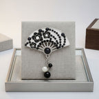 Brooch White Black and Silver Hanfu Fan Style Pin