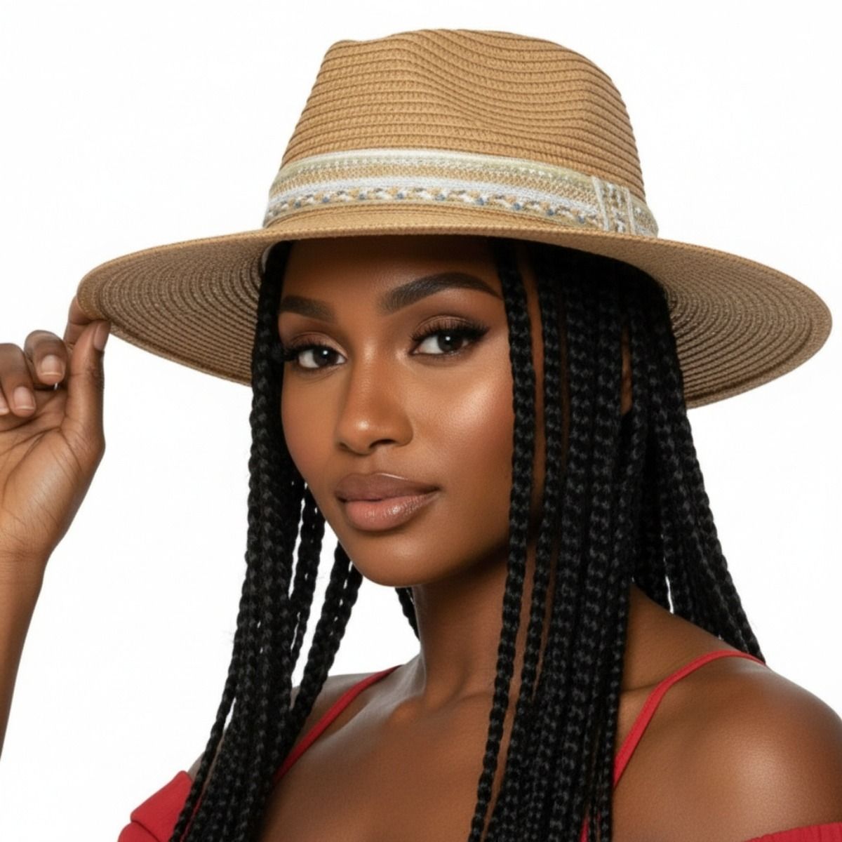 Camel Pearl Embellished Fedora Panama Hat