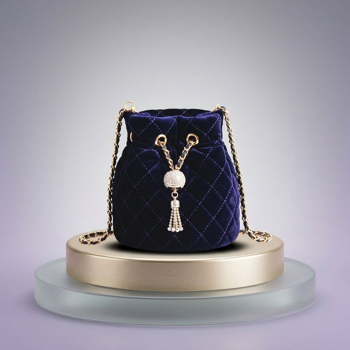 Navy Diamond Velvet Bucket Bag