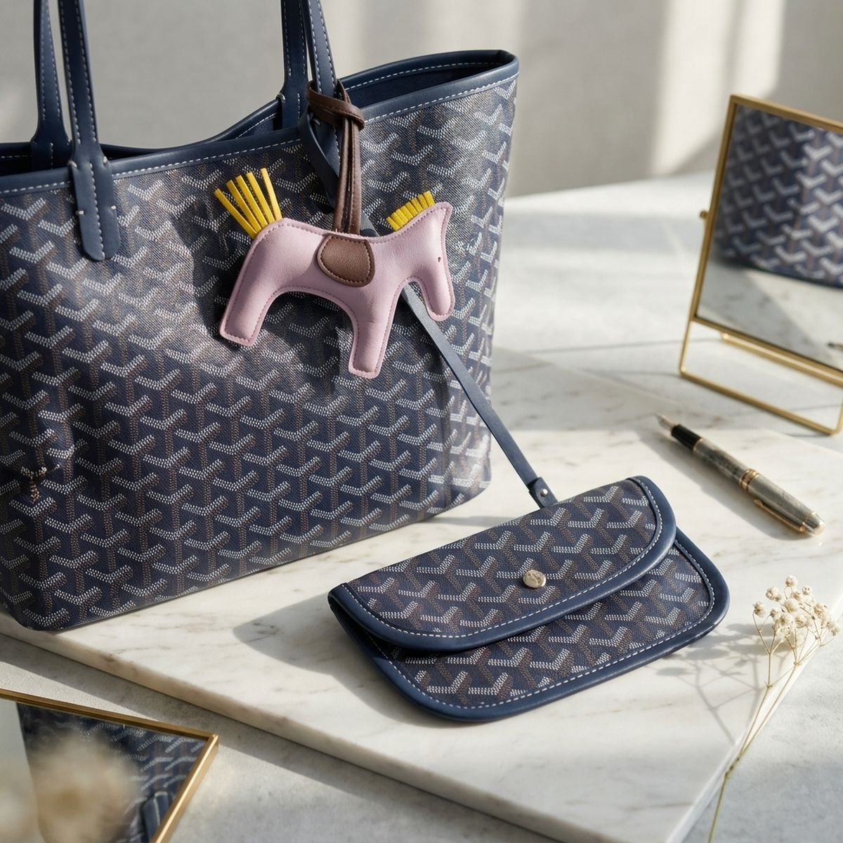Navy Geometric Chevron Print Tote and Pouch Set