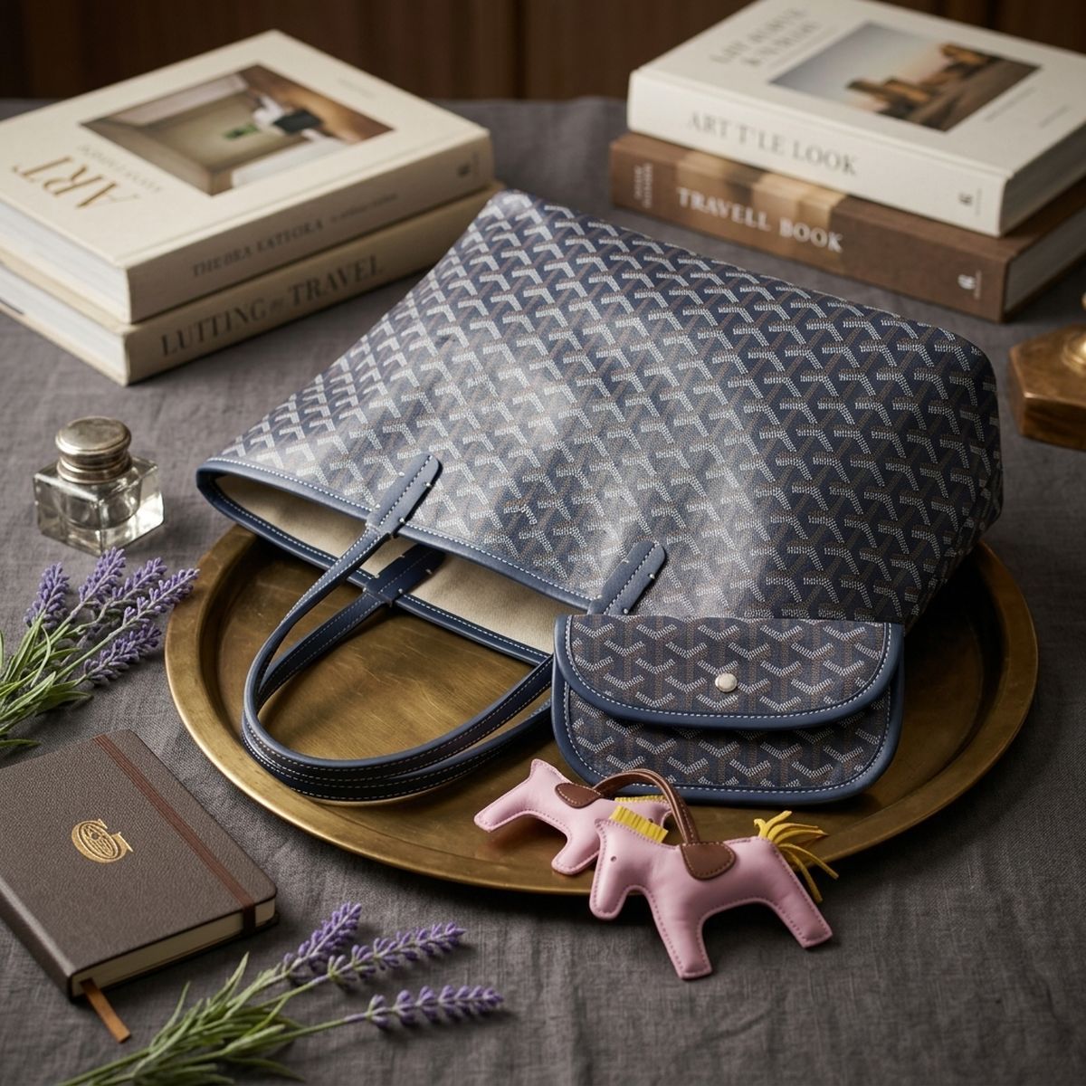 Navy Geometric Chevron Print Tote and Pouch Set