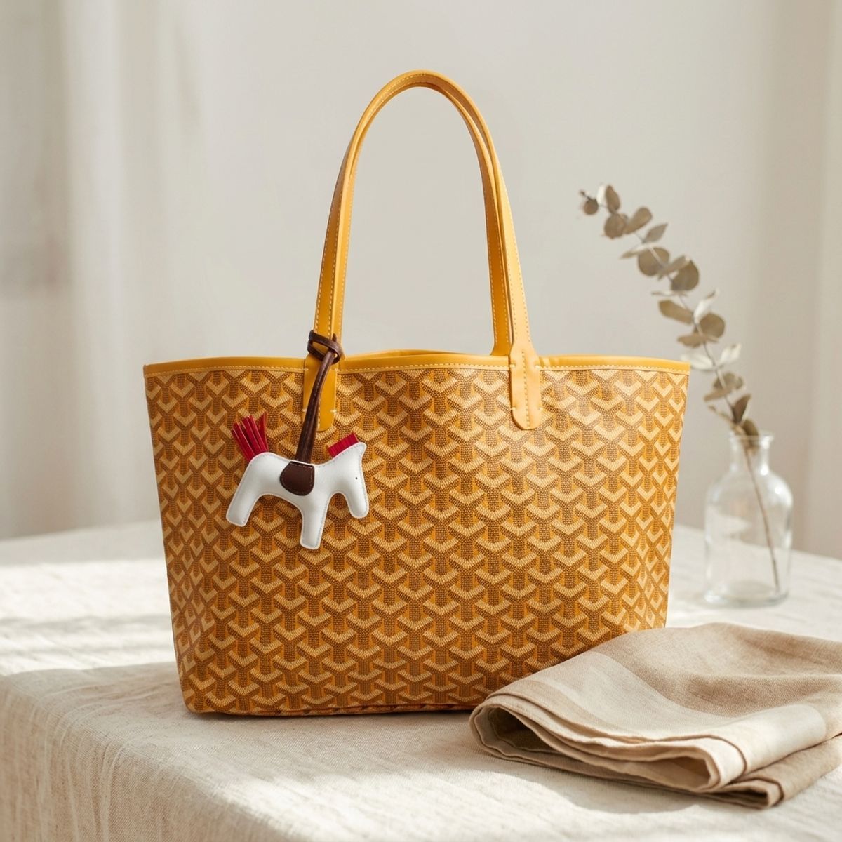 Yellow Geometric Chevron Print Tote and Pouch Set