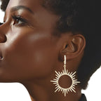 Drop Gold Open Hoop Sunburst Rhinestone Earrings